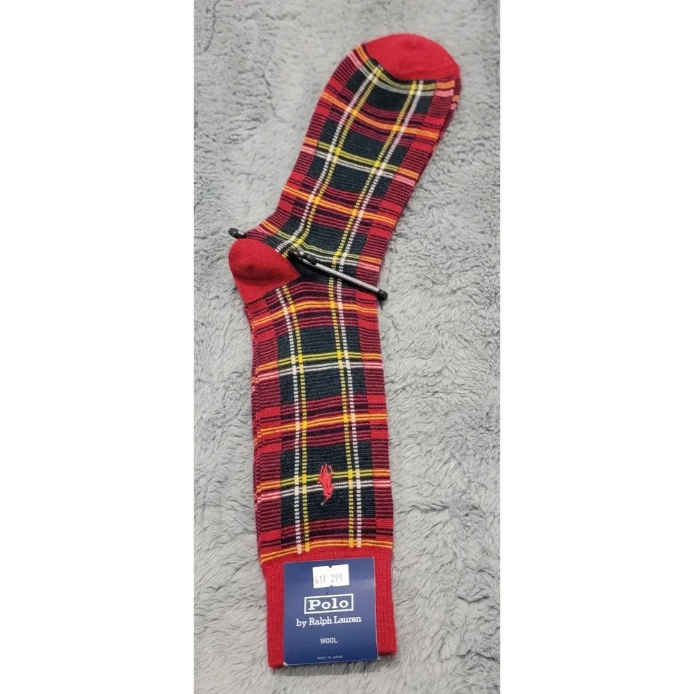 Polo Ralph Lauren Wool Socks Mens 10-13 Red Tartan Plaid Dress Mid Calf Japan